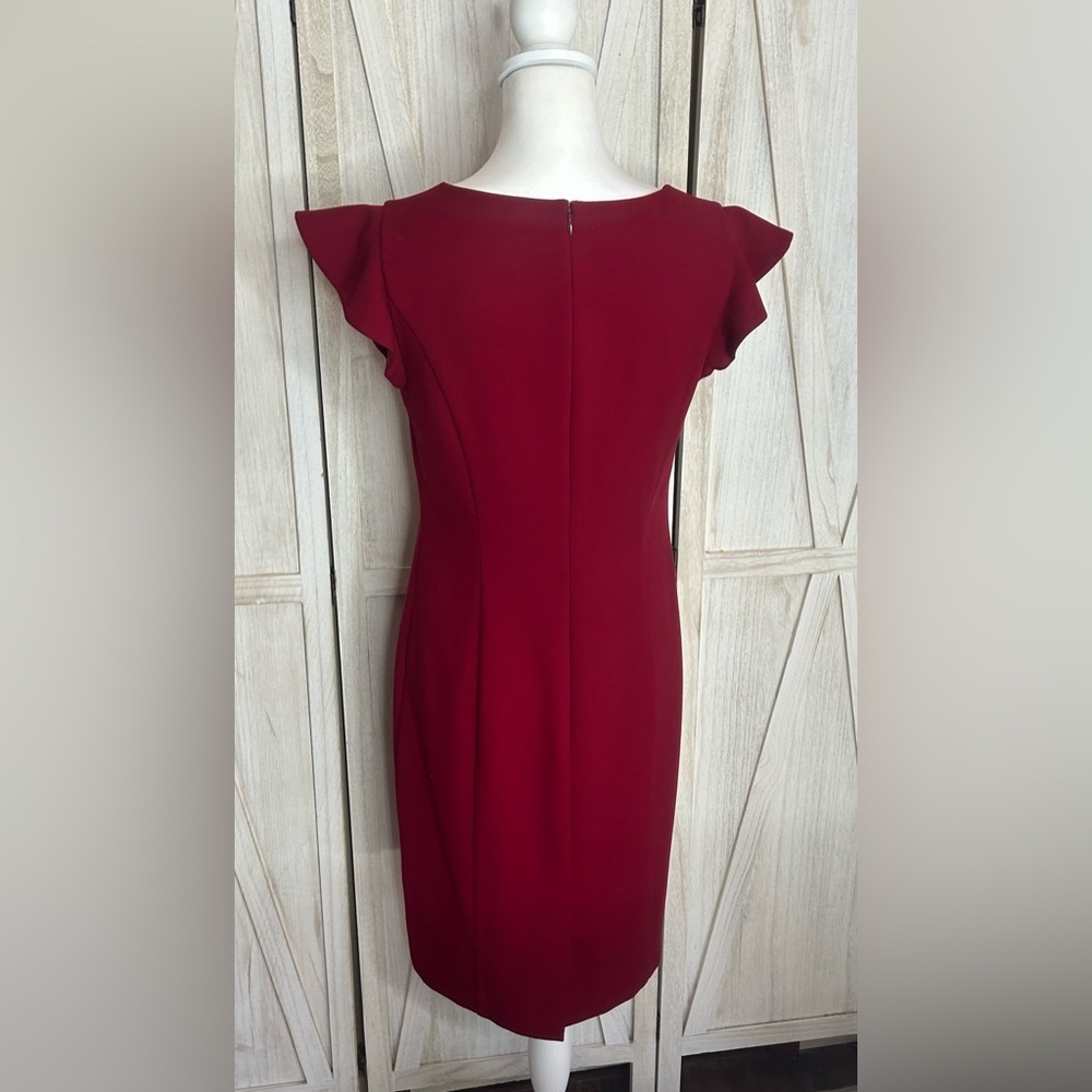Talbots Burgundy Red Sheath Midi Dress with Ruffle Cap Sleeves Sz 6 EUC Feminine - Picture 4 of 10